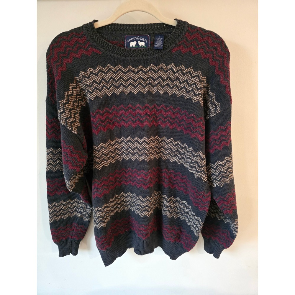 Woods & Gray Mens Silk Cotton Wool Blend Chevron Zig Zag Sweater Grey Burgundy L